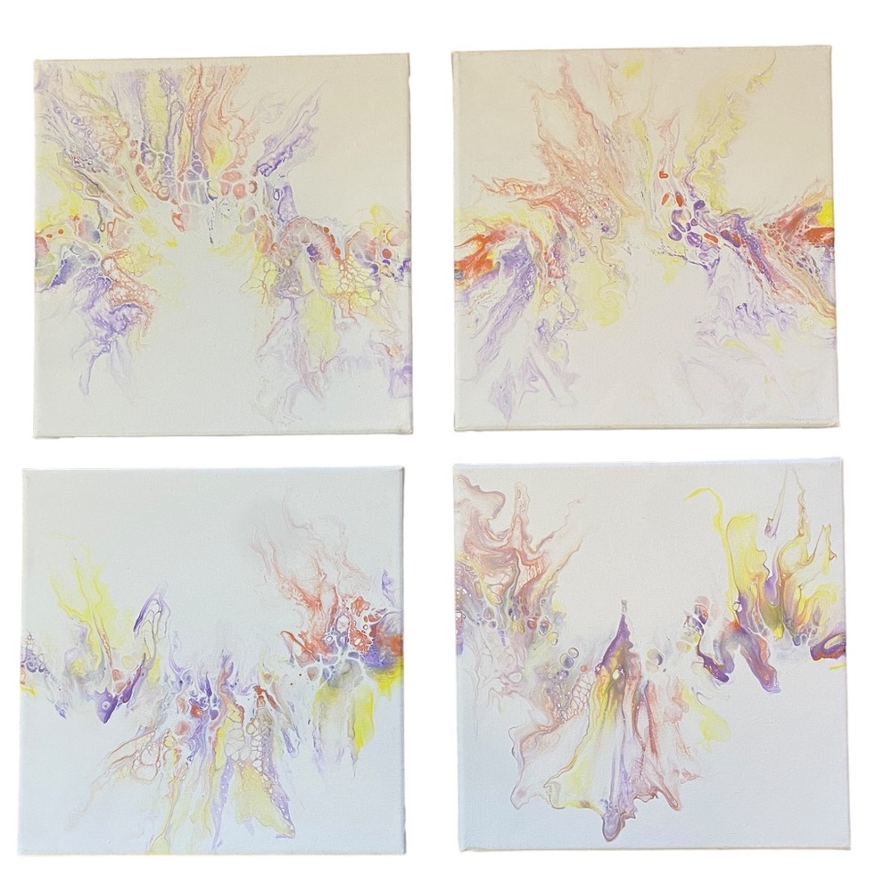 Set of 4 acrylic paint pouring custom canvas art blow out hair dryer art